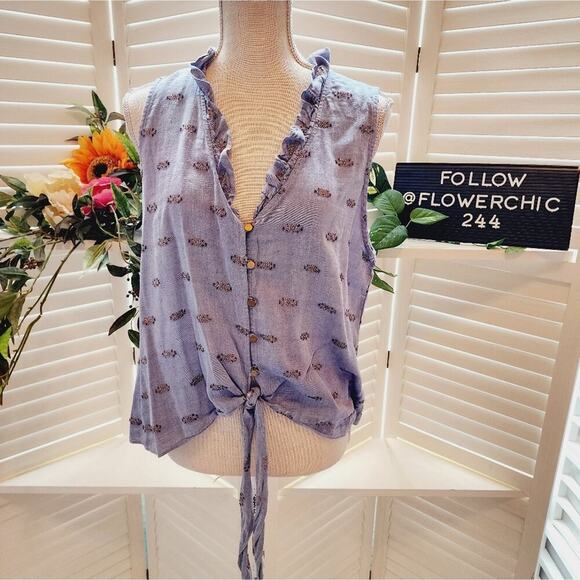 WAVERLY GREY METALLIC ACCENT PRINTED RUFFLE NECK SIZE LARGE - Picture 1 of 7